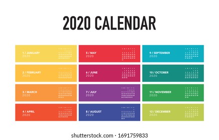Colorful calendar Layout for 2020 years. Week starts from Sunday.