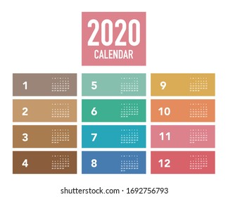 Colorful calendar Layout for 2020 years. Week starts from Sunday.