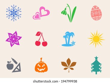 Colorful calendar month symbols collection on white background