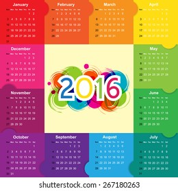 Colorful calendar for the new year 2016