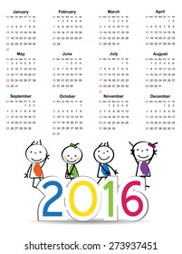 Colorful calendar for the new year 2016