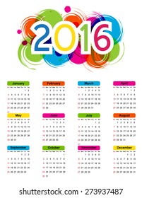 Colorful calendar for the new year 2016