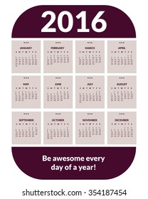 Colorful calendar for new year 2016. 12 months, dates, days of week. Purple color. Vector.