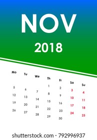 Colorful calendar for November 2018. Week starts from Monday. Holiday event planner. Modern calendar vector design. Desk Calendar illustration.