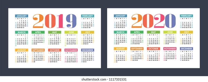 Colorful calendar set 2019, 2020. Bright, fun, cute. Week starts on Sunday. Motley, varicoloured ready design