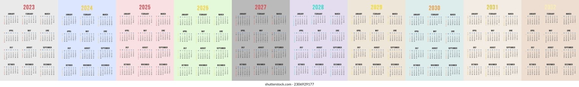 Colorful calendar set for, 2024, 2025,2026, 2027, 2028, 2029, 2030, 2031, 2032 years. One Page Editable Vertical Vector Calendar. svg