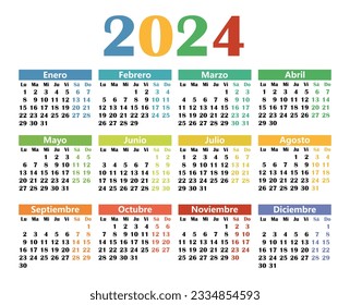 Colorful calendar in Spanish for 2024. The week starts on Monday