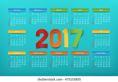 Colorful calendar template for a year 2017. Vector illustration.