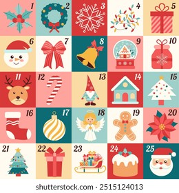 A colorful calendar with a variety of Christmas-themed images, including Santa Claus, reindeer, gingerbread men, and snowflakes