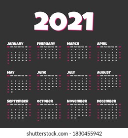 Colorful calendar vertical template, simple and clean design.Grid for 2021 on dark background for organization and business. Week starts on Sunday. Vector illustration.