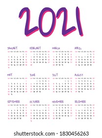 Colorful calendar vertical template, simple and clean design.Grid for 2021 on white background for organization and business. Week starts on Sunday. Vector illustration.