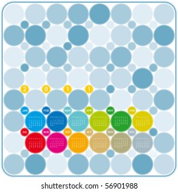 Colorful Calendar for year 2011 in a circles theme, in vector format. Week starts on Sunday.