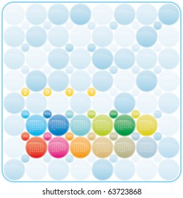 Colorful Calendar for year 2011 in a circles theme, in vector format. Week starts on Sunday.
