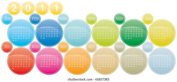 Colorful Calendar for year 2011 in a circles theme, in vector format. Week starts on Sunday.