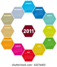 Colorful Calendar for year 2011 in an hexagonal pattern. in vector format