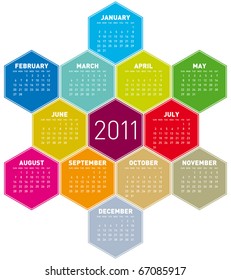 Colorful Calendar for year 2011 in an hexagonal pattern. in vector format