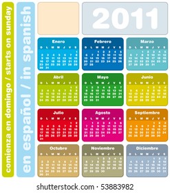 Colorful Calendar for Year 2011, in Spanish. Week starts on Sunday