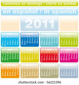 Colorful Calendar for Year 2011, in Spanish. Week starts on Sunday.