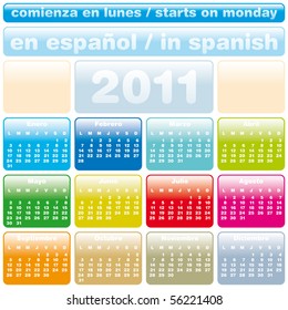 Colorful Calendar for Year 2011, in Spanish. week starts on Monday.