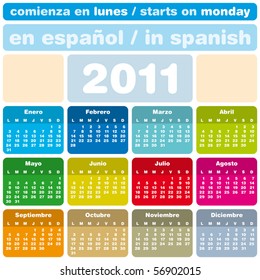 Colorful Calendar for Year 2011, in Spanish. week starts on Monday.
