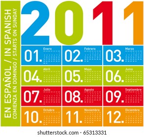 Colorful Calendar for Year 2011, in Spanish. Week starts on Sunday