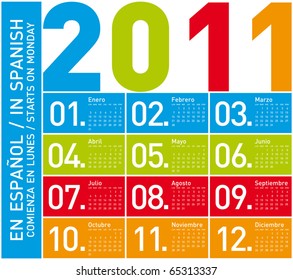 Colorful Calendar for Year 2011, in Spanish. Week starts on Monday