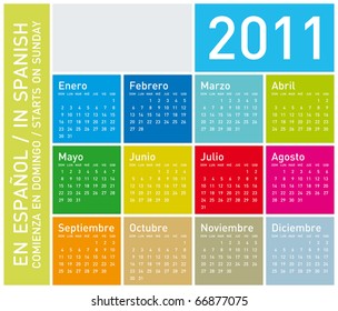 Colorful Calendar for Year 2011, in Spanish. Week starts on Sunday