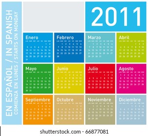 Colorful Calendar for Year 2011, in Spanish. Week starts on Monday