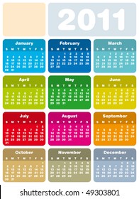 Colorful Calendar for Year 2011, in vector format. week starts on Sunday.