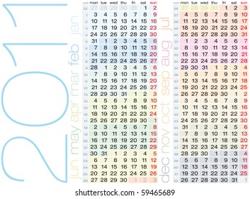 Colorful Calendar for year 2011 in vector format. Weeks numbered, and start on Monday
