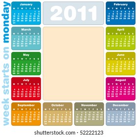 Colorful Calendar for Year 2011, week starts on Monday.