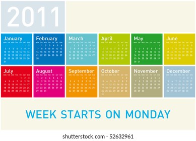 Colorful Calendar for Year 2011, week starts on Monday