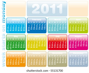 Colorful Calendar for Year 2011, week starts on Monday.