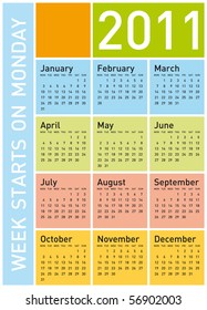 Colorful Calendar for Year 2011, week starts on Monday