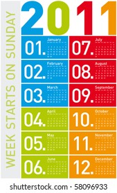 Colorful Calendar for Year 2011, week starts on Sunday.