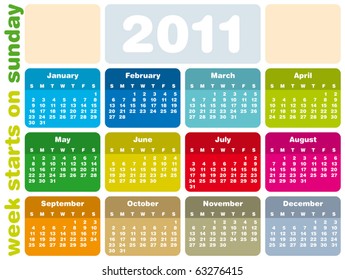 Colorful Calendar for Year 2011, week starts on Sunday.
