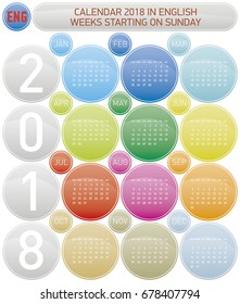 Colorful Calendar for Year 2018, in English. Week starts on Sunday