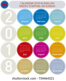 Colorful Calendar for Year 2018, in English. Week starts on Sunday