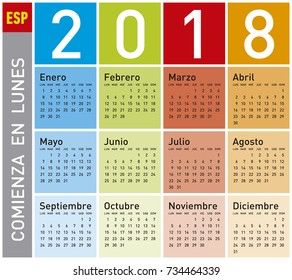 Colorful Calendar for Year 2018, in Spanish. Week starts on Monday