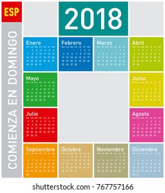 Colorful Calendar for Year 2018, in Spanish. Week starts on Sunday