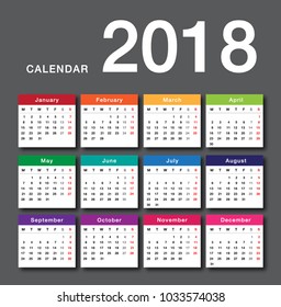 Colorful Calendar year 2018 vector design template, simple and clean design. Calendar for 2018 on White Background for organization and business. Week Starts Monday. Simple Vector Template. EPS10.