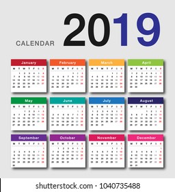 Colorful Calendar year 2019 vector design template, simple and clean design. Calendar for 2019 on White Background