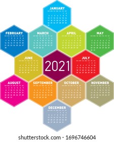 Colorful Calendar for year 2021 in an hexagonal pattern. In vector format.