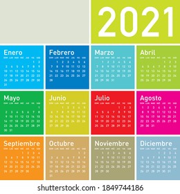 Colorful Calendar for Year 2021, in Spanish. 