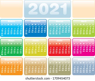 Colorful Calendar for Year 2021, in vector format. Spanish Language. 