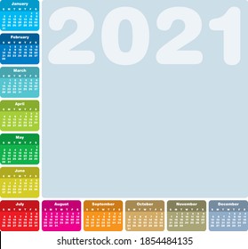 Colorful Calendar for Year 2021, in vector format.