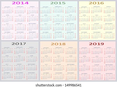 Colorful Calendar for years 2014 - 2019, easy editable, weeks start on Sunday