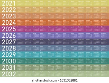 Colorful Calendar for Years 2021, 2022, 2023, 2024, 2025, 2026, 2027, 2028, 2029, 2030, 2031 and 2032, in Spanish. Vector Format. svg