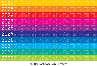 Colorful Calendar for Years 2024, 2025, 2026, 2027, 2028, 2029, 2030, 2031, 2032 and 2033, in German Language. Vector Format. svg