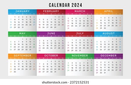 Colorful calender 2024 vector design template, Simple clean calender design year 2024